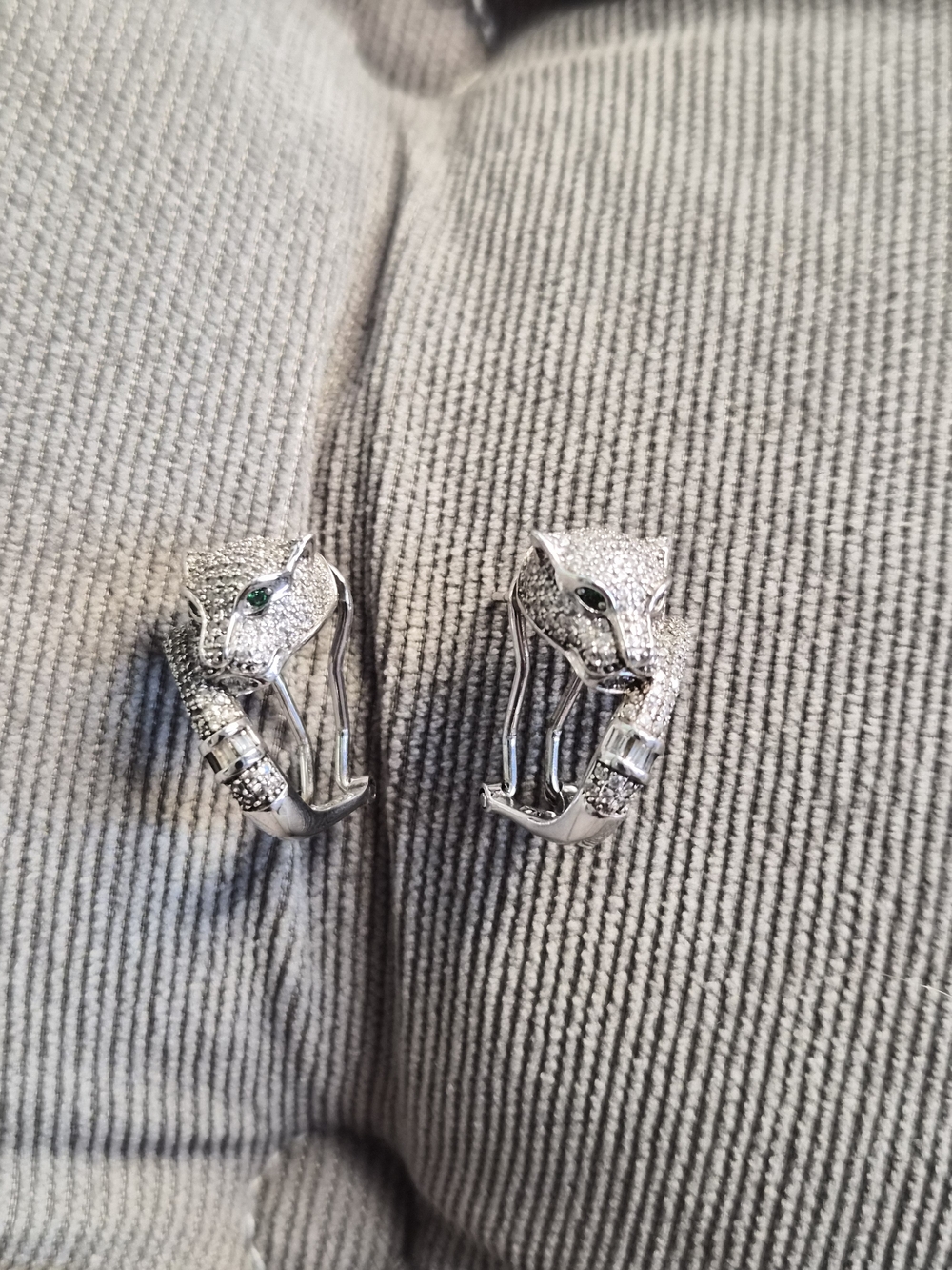 Crystal Panther Hoop Earrings with Green Accents - Silver Tone
